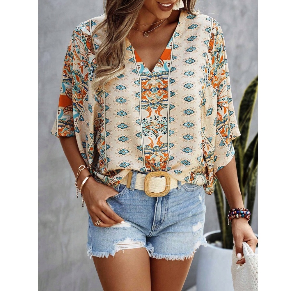 Printed Beige Multicolor Batwing Sleeve V-Neck Blouse Top - Picture 10 of 11